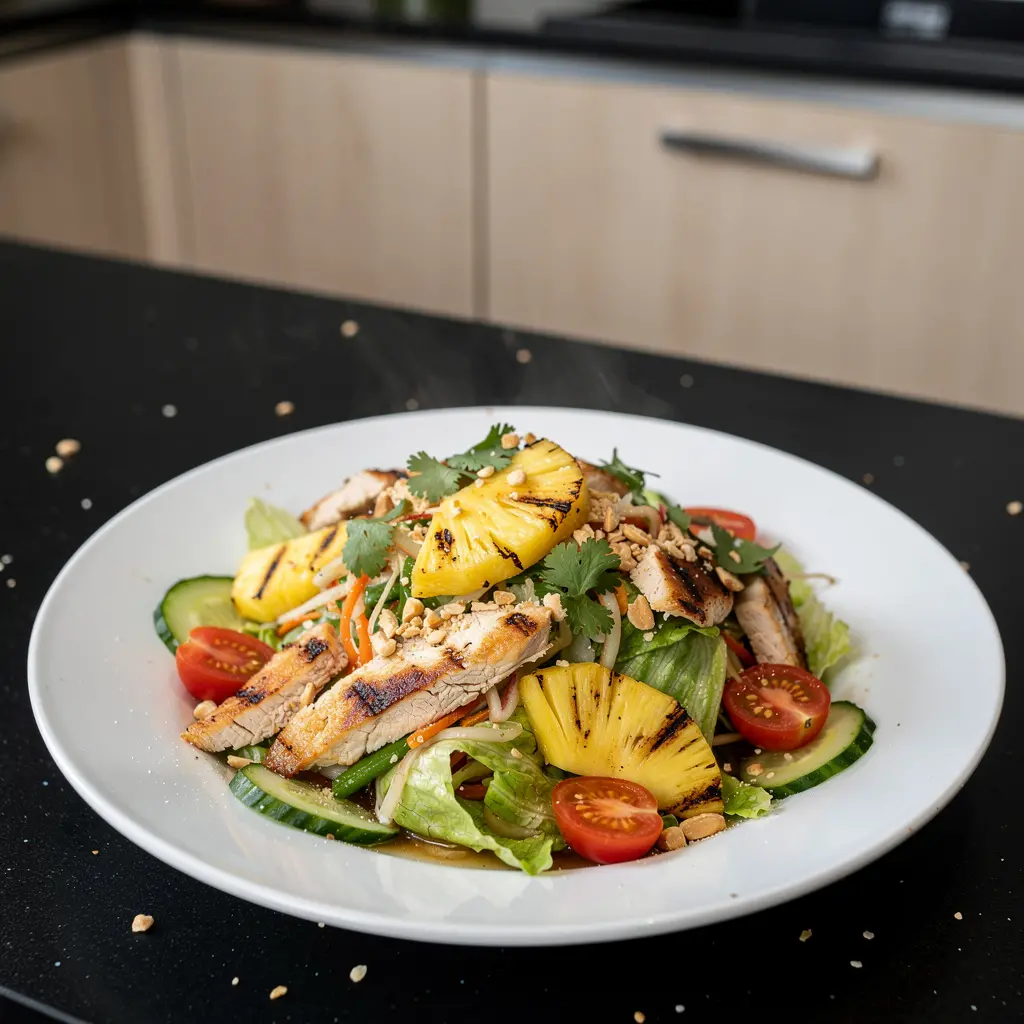 Tajska sałatka z grillowanym kurczakiem i ananasem na ciepło