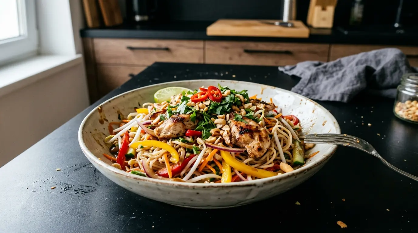 Tajska sałatka z grillowanym kurczakiem i makaronem ryżowym