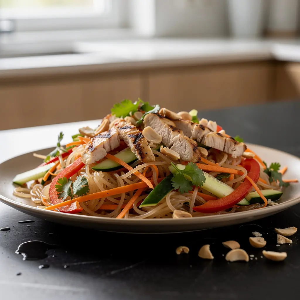 Tajska sałatka z grillowanym kurczakiem i makaronem ryżowym