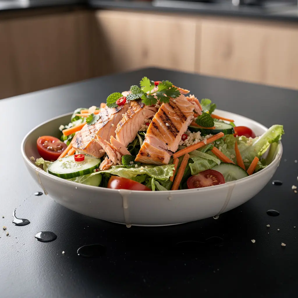 Tajska sałatka z grillowanym łososiem i ziołami