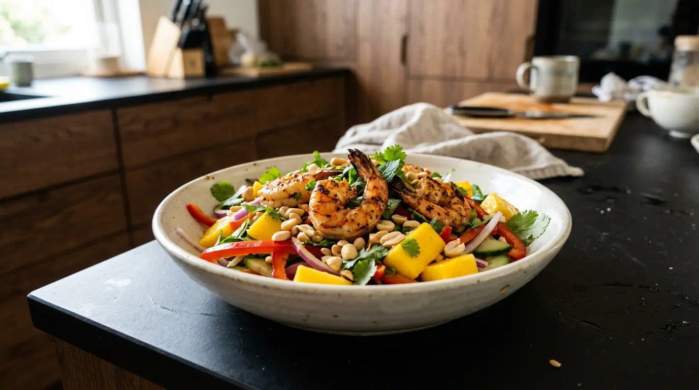 Tajska sałatka z grillowanymi krewetkami i mango