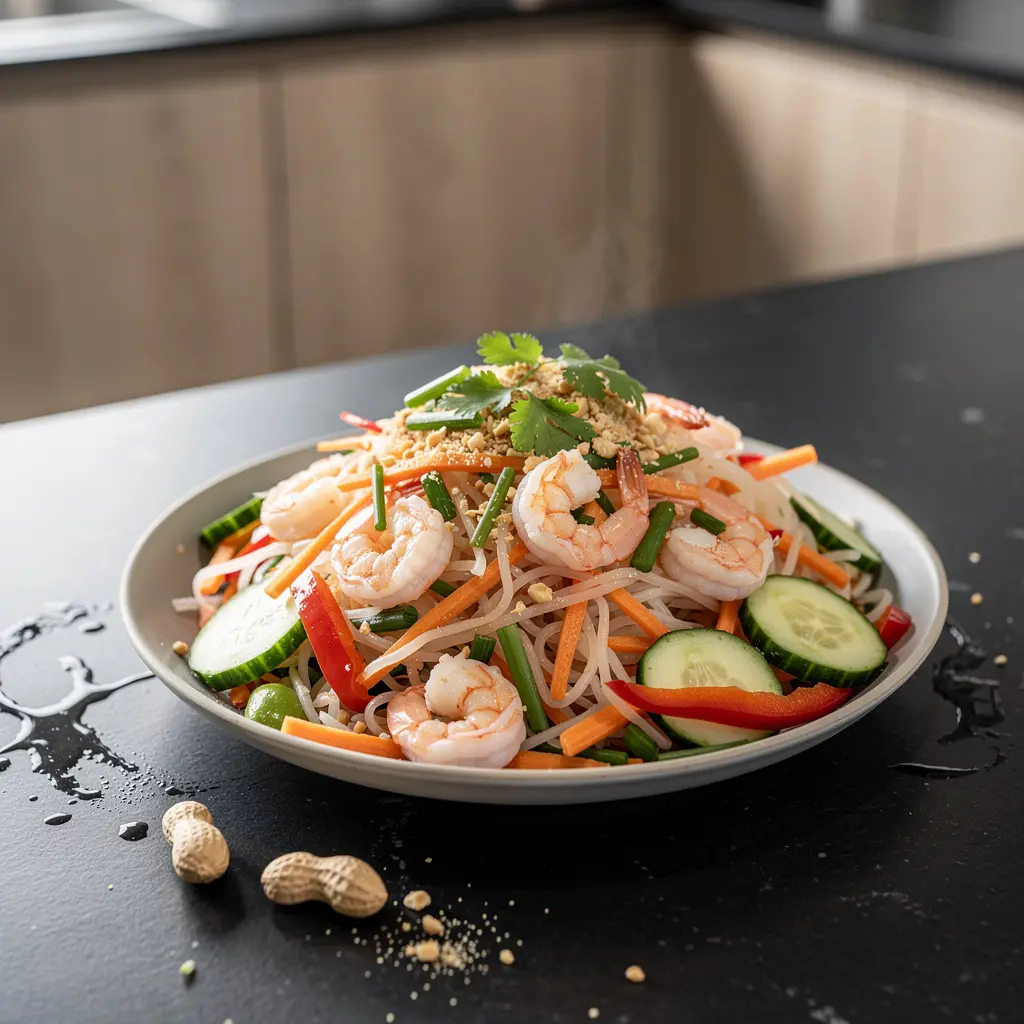 Tajska sałatka z makaronem ryżowym i krewetkami