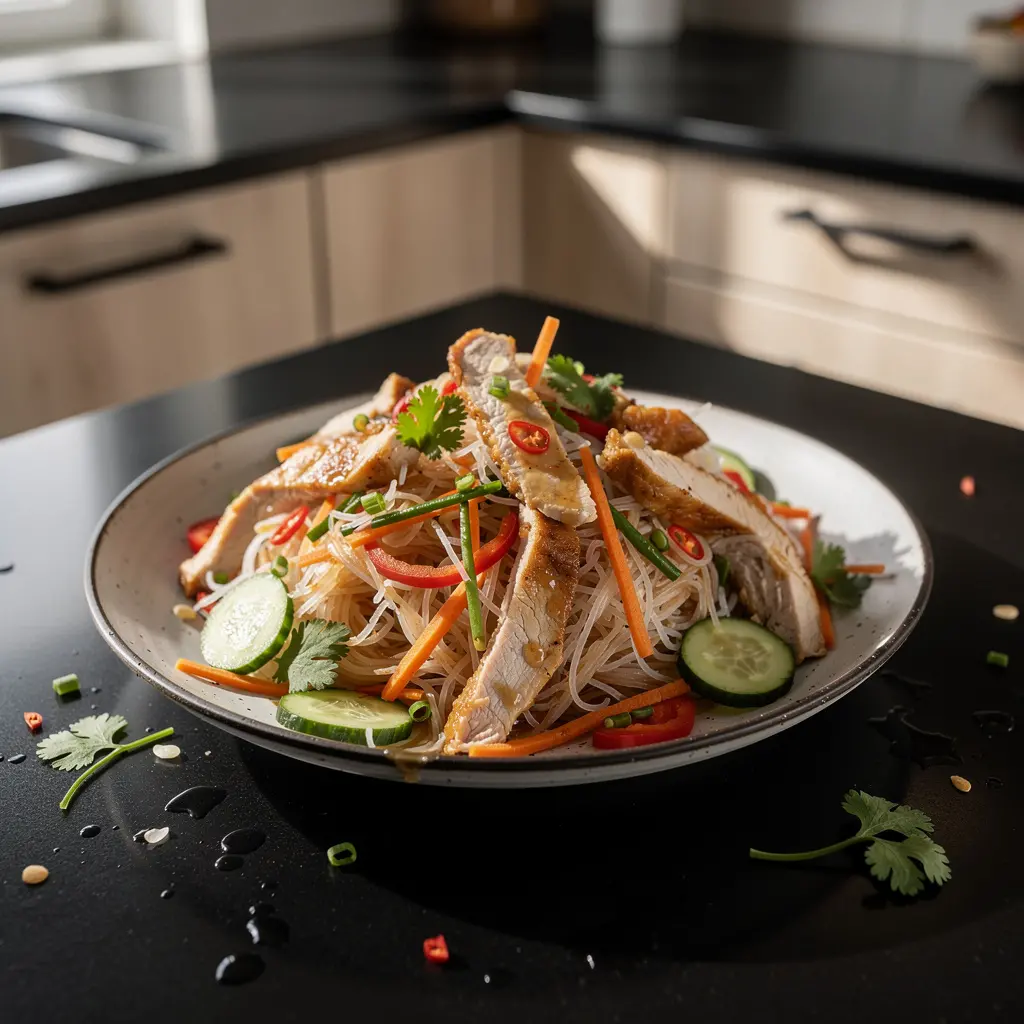 Tajska sałatka z makaronem ryżowym i kurczakiem na zimno