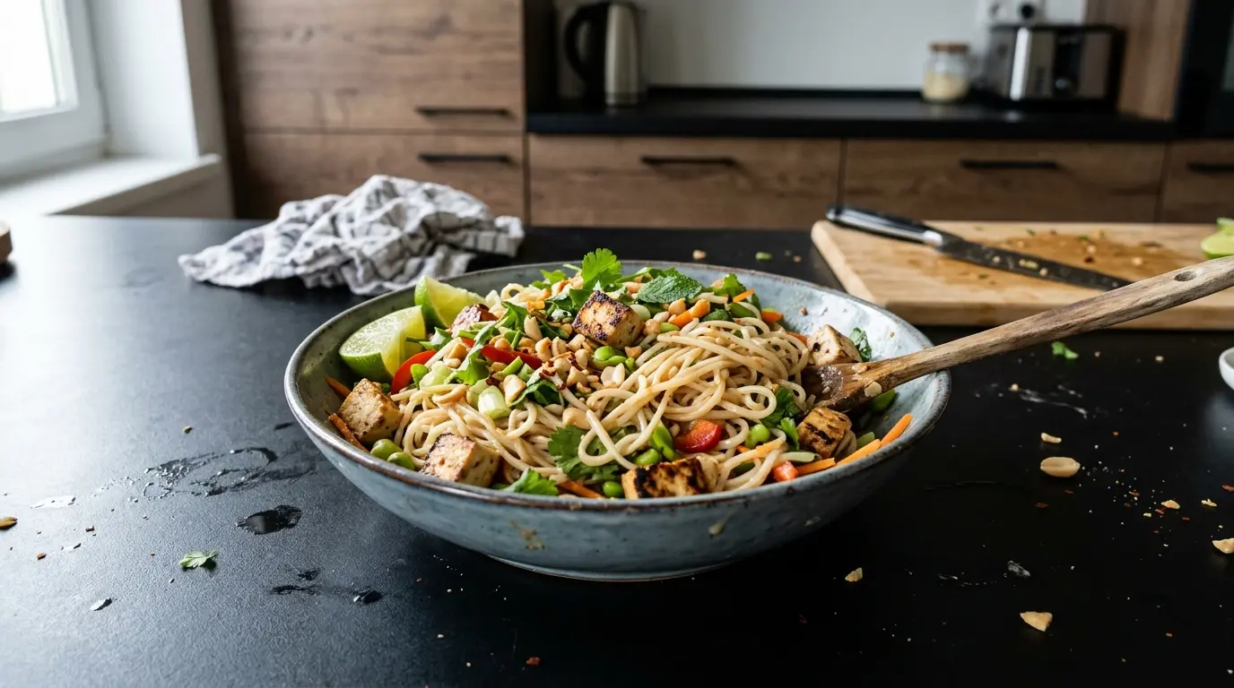 Tajska sałatka z makaronem ryżowym i tofu na zimno