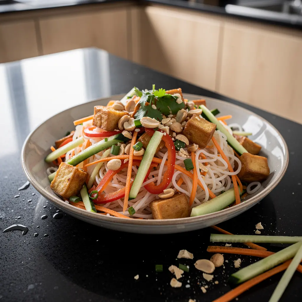 Tajska sałatka z makaronem ryżowym i tofu na zimno