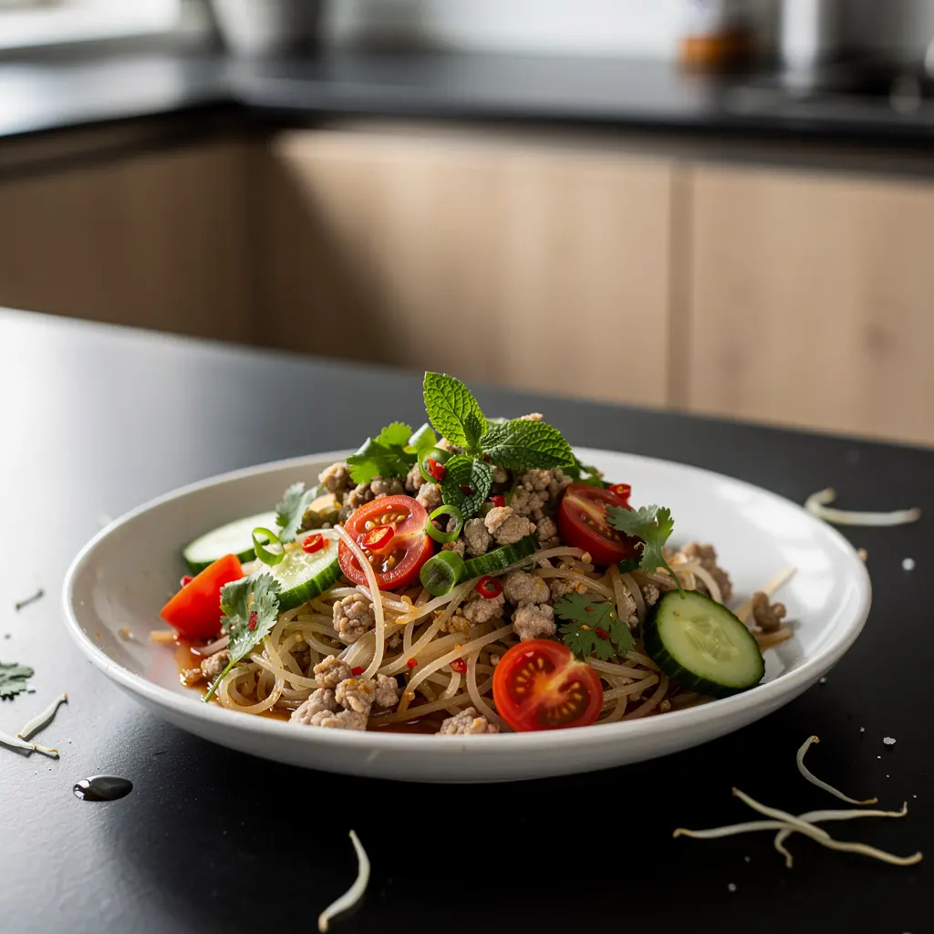 Tajska sałatka z makaronem ryżowym i wieprzowiną na ciepło