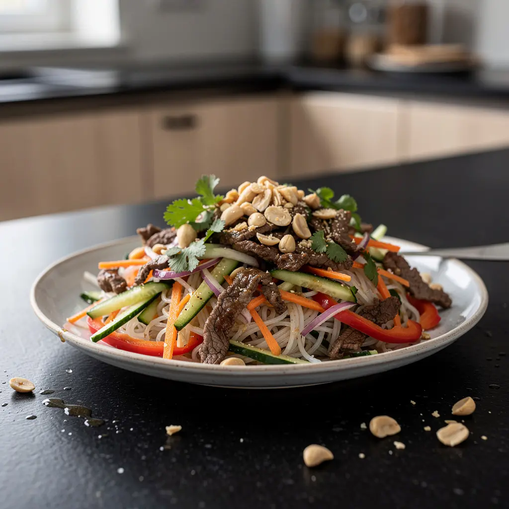 Tajska sałatka z makaronem ryżowym i wołowiną na zimno