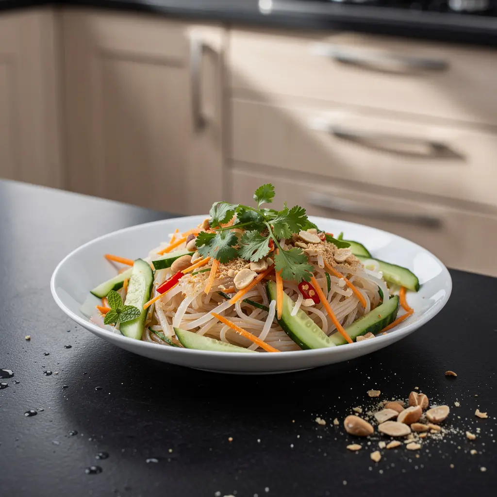 Tajska sałatka z makaronem ryżowym, ogórkiem i ziołami