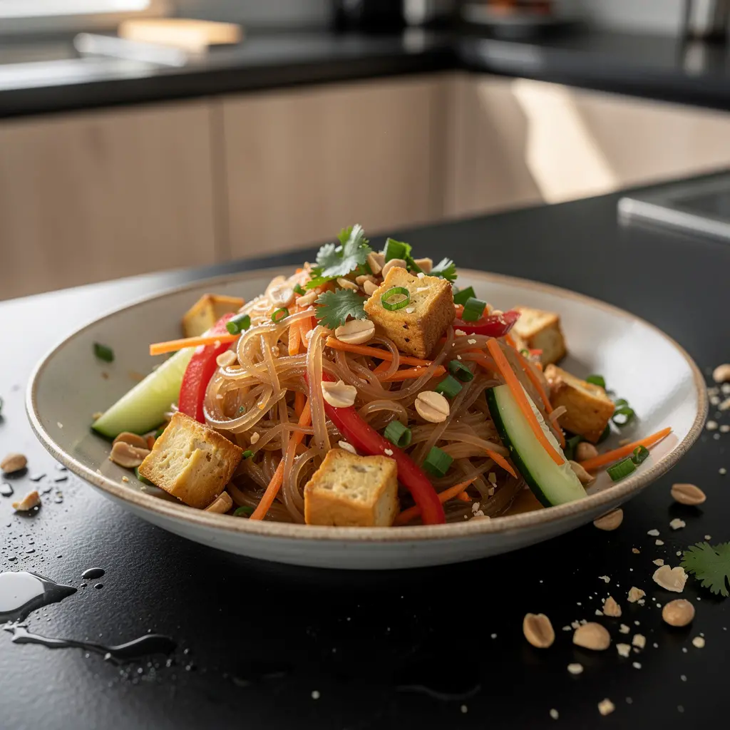 Tajska sałatka z makaronem szklanym i tofu na ciepło