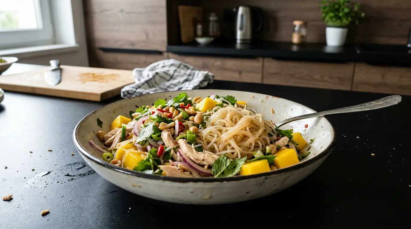 Tajska sałatka z makaronem szklanym, kurczakiem i mango