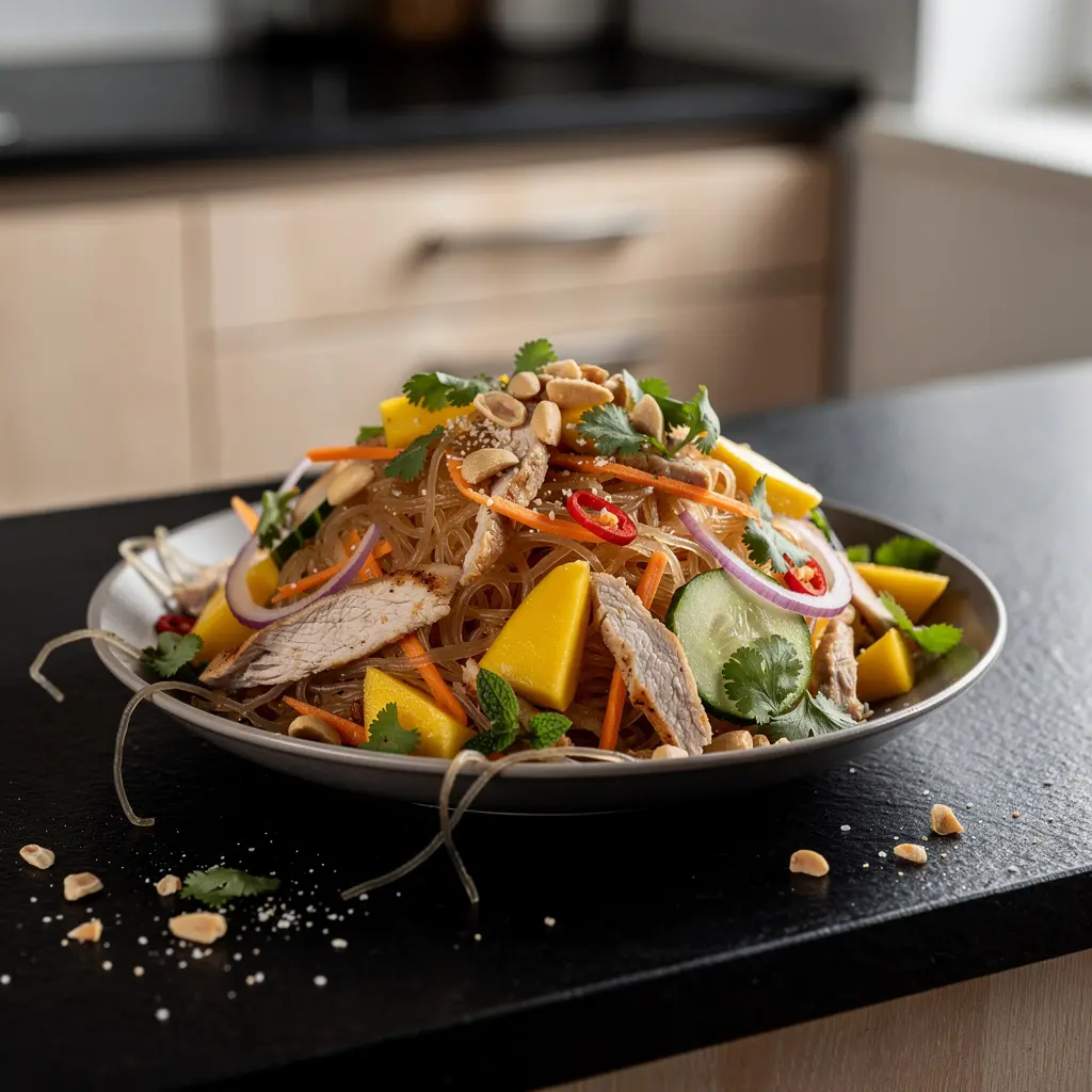 Tajska sałatka z makaronem szklanym, kurczakiem i mango