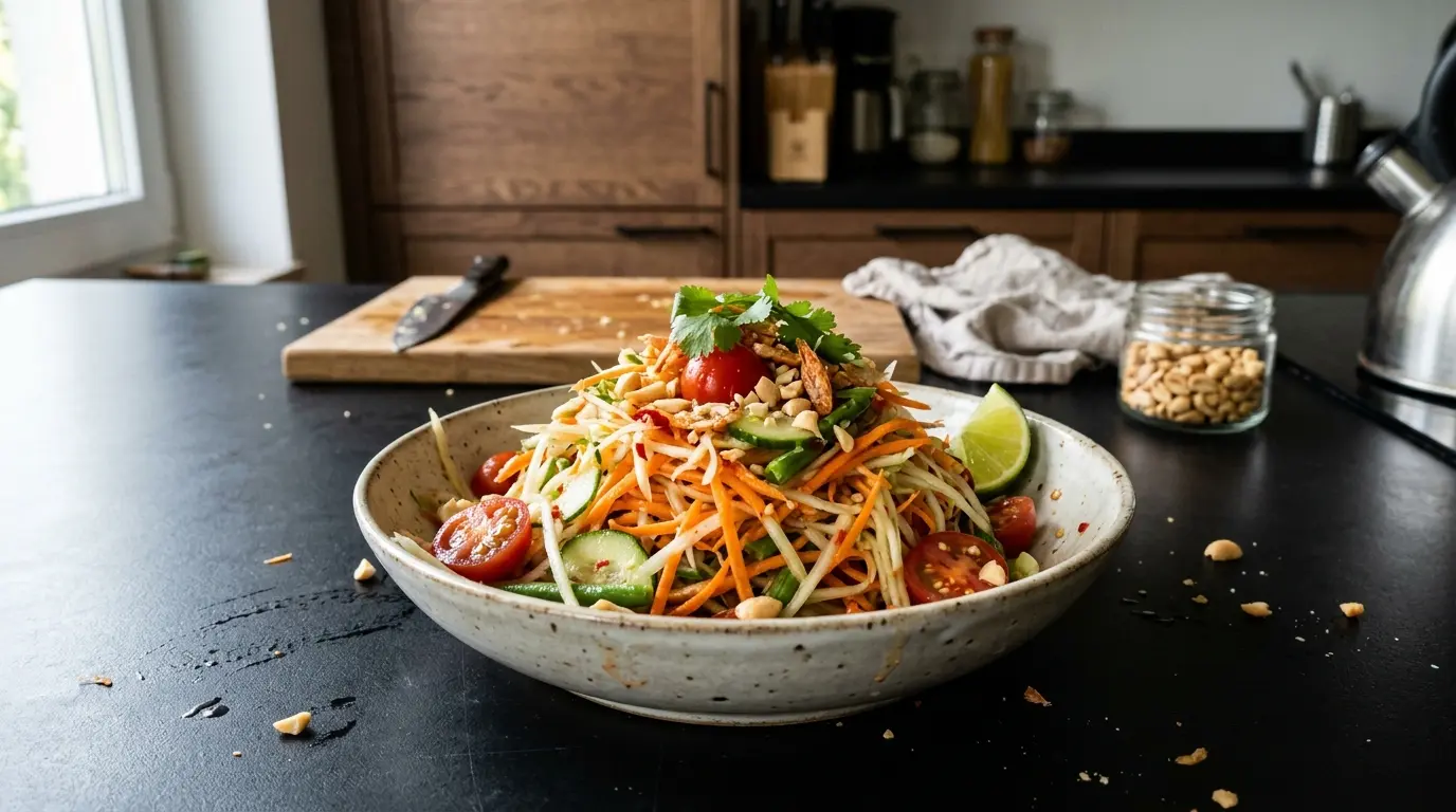 Ensalada tailandesa de papaya verde en versión europea (Som Tam con zanahoria)