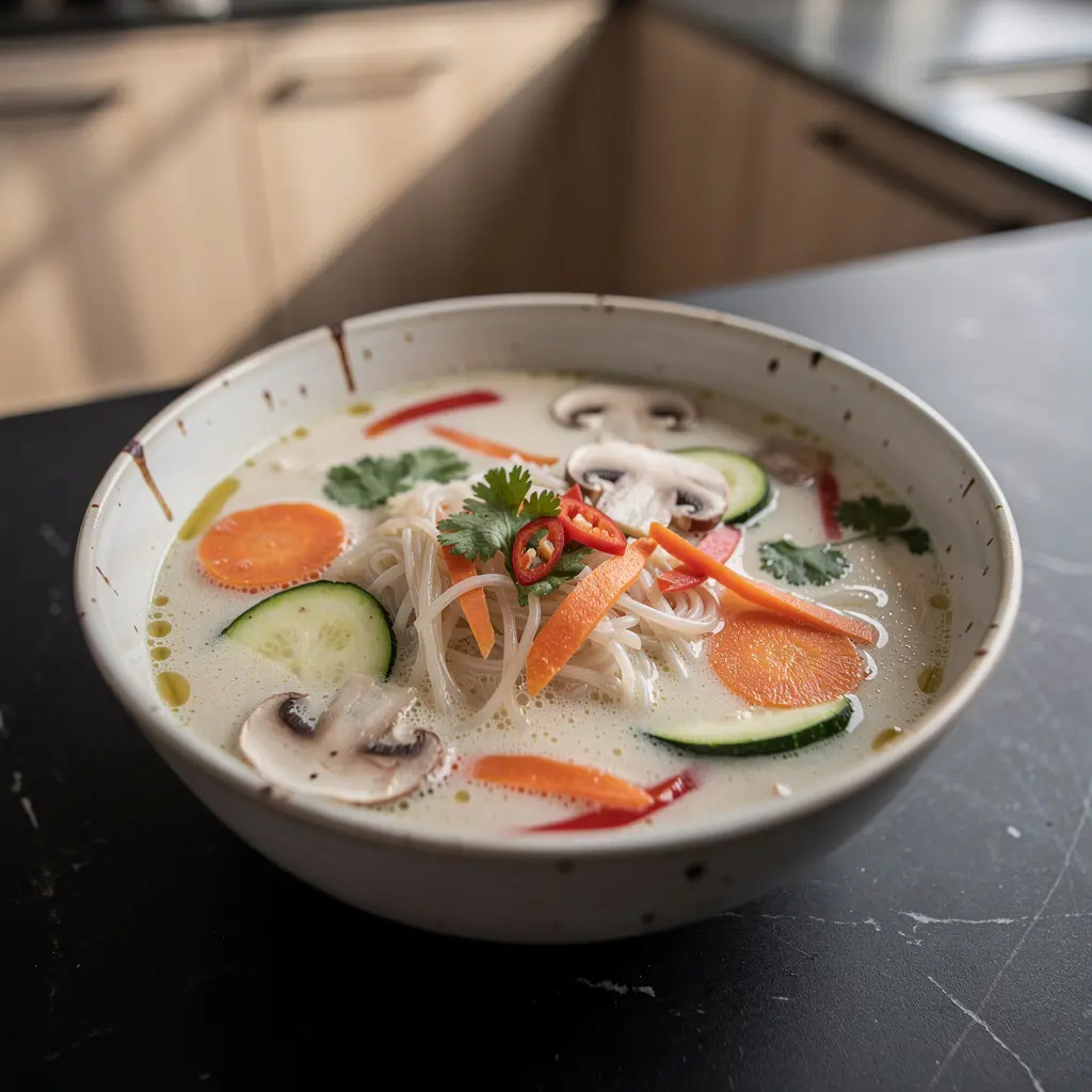 Tajska zupa kokosowa z warzywami i makaronem ryżowym