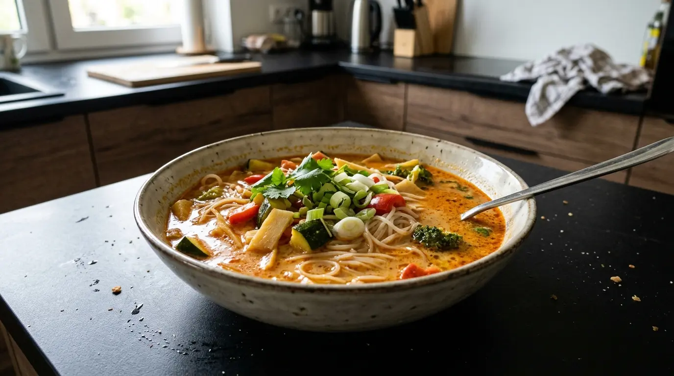 Tajska zupa warzywna z makaronem ryżowym i pastą curry