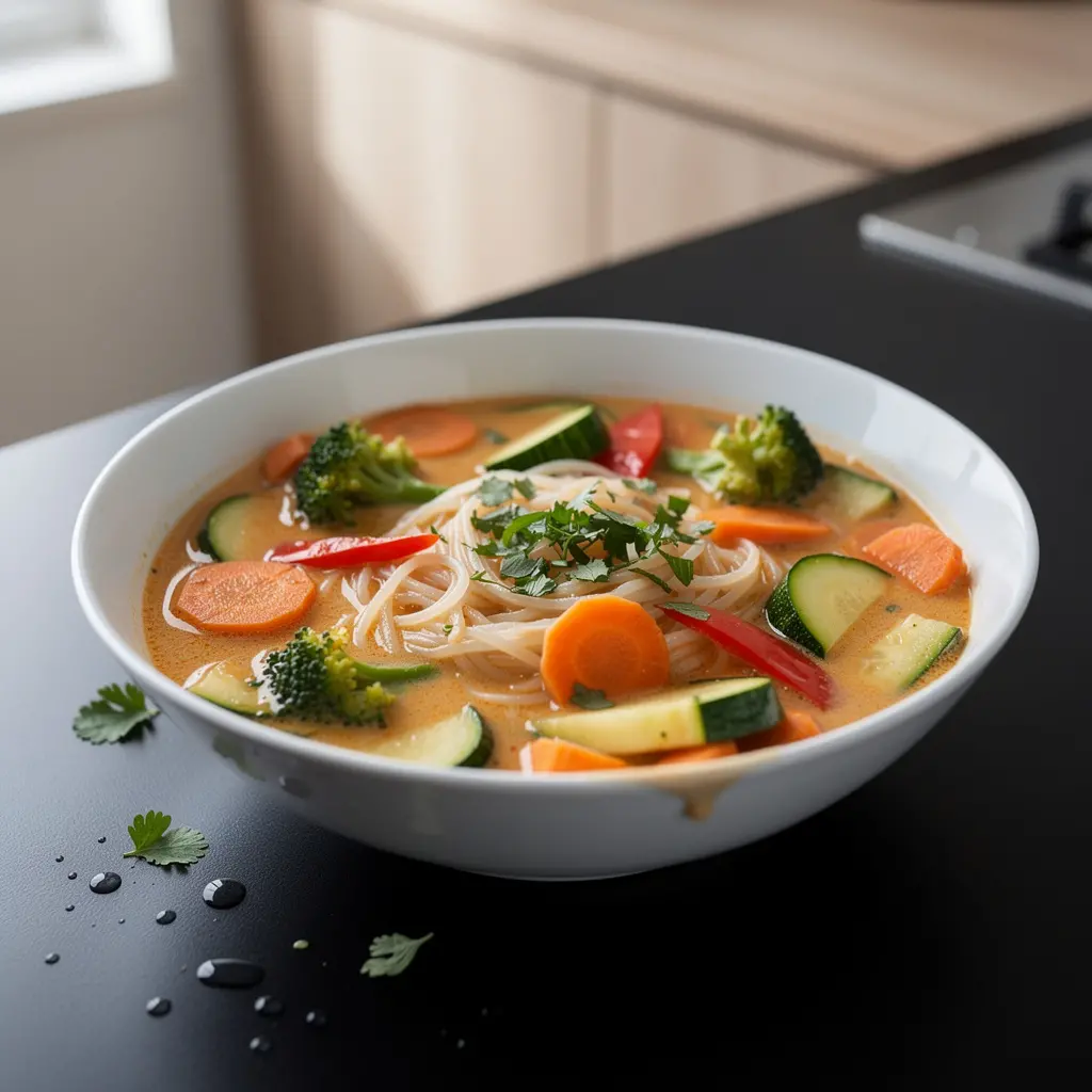 Tajska zupa warzywna z makaronem ryżowym i pastą curry