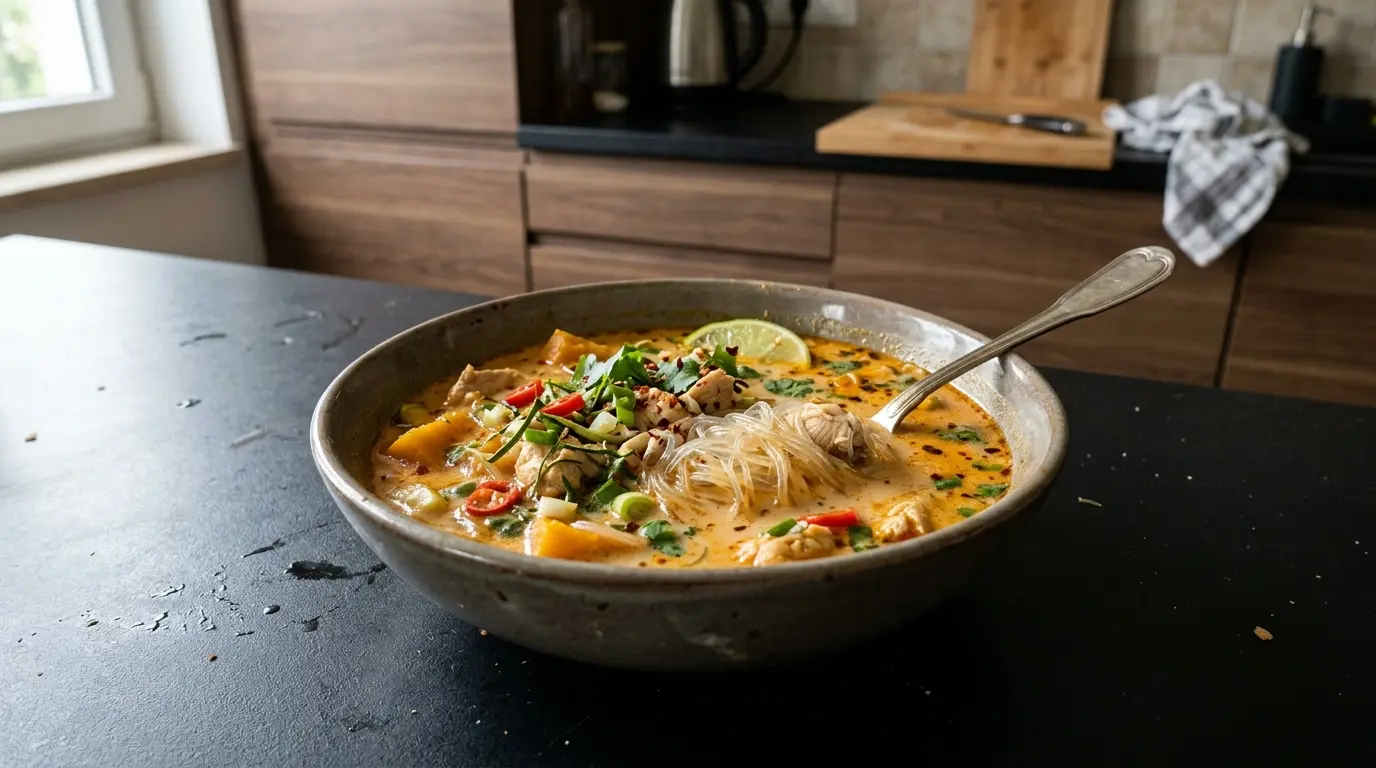 Tajska zupa z dynią, kurczakiem i makaronem szklanym