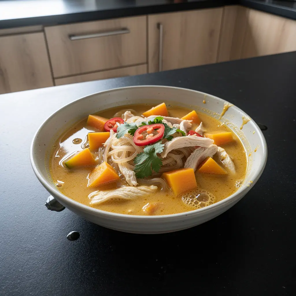 Tajska zupa z dynią, kurczakiem i makaronem szklanym