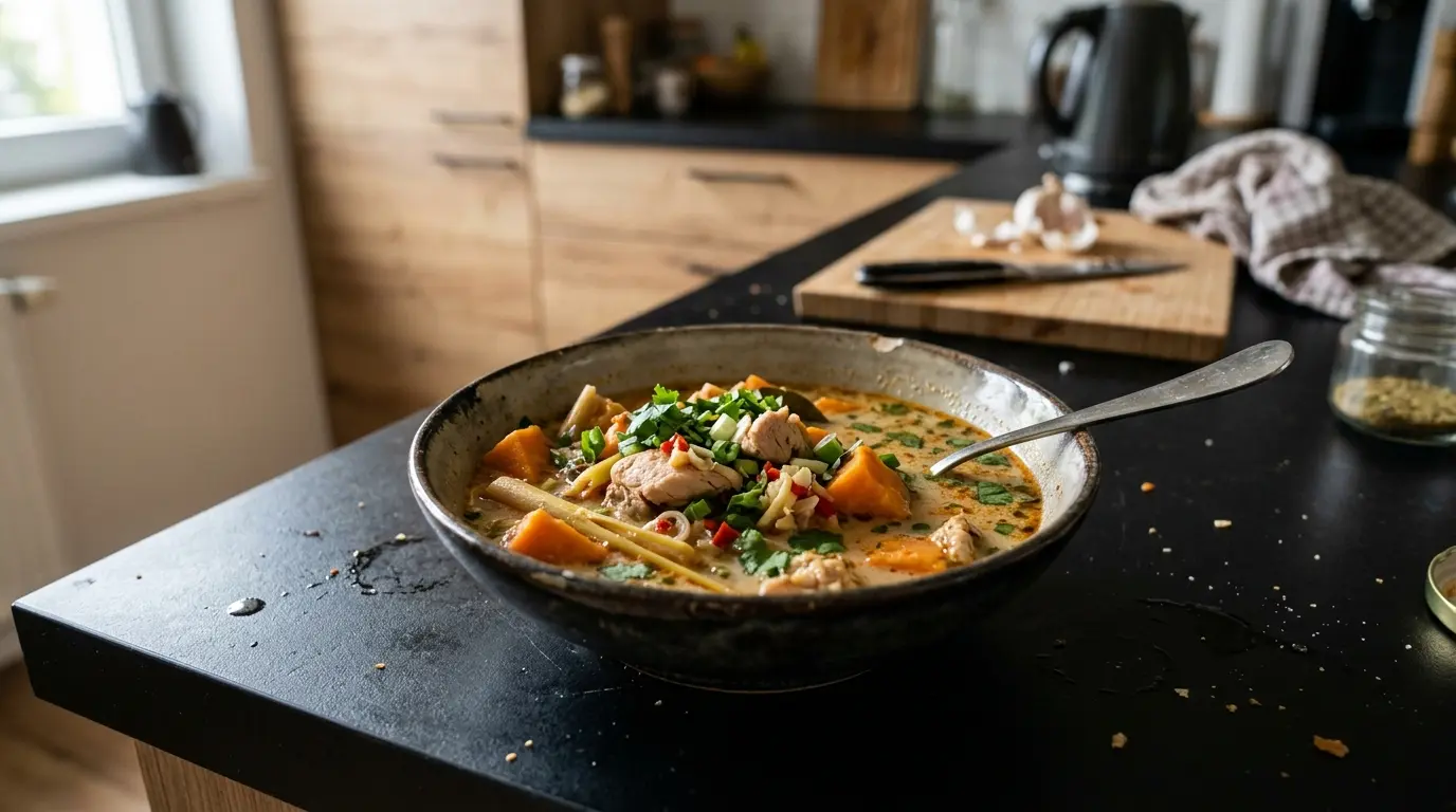 Tajska zupa z kurczakiem, batatem i trawą cytrynową