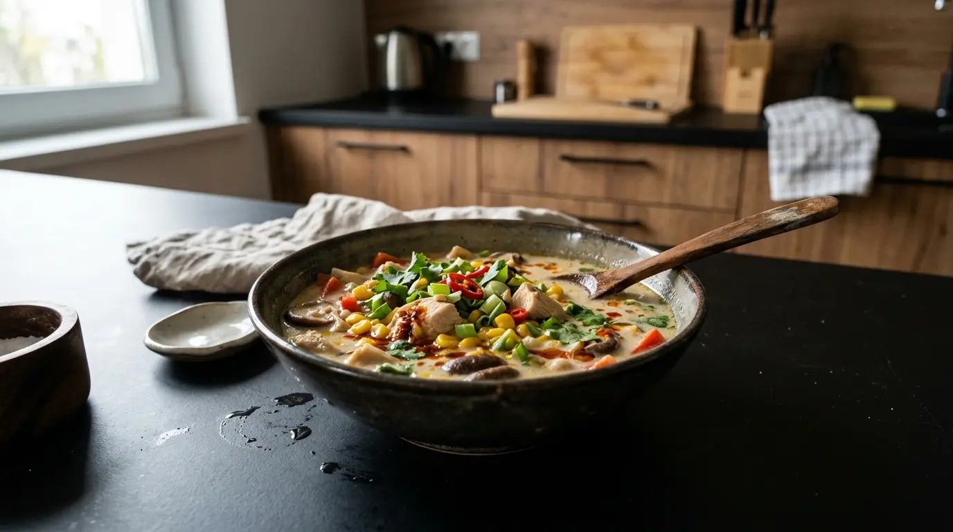 Tajska zupa z kurczakiem, kukurydzą i mlekiem kokosowym