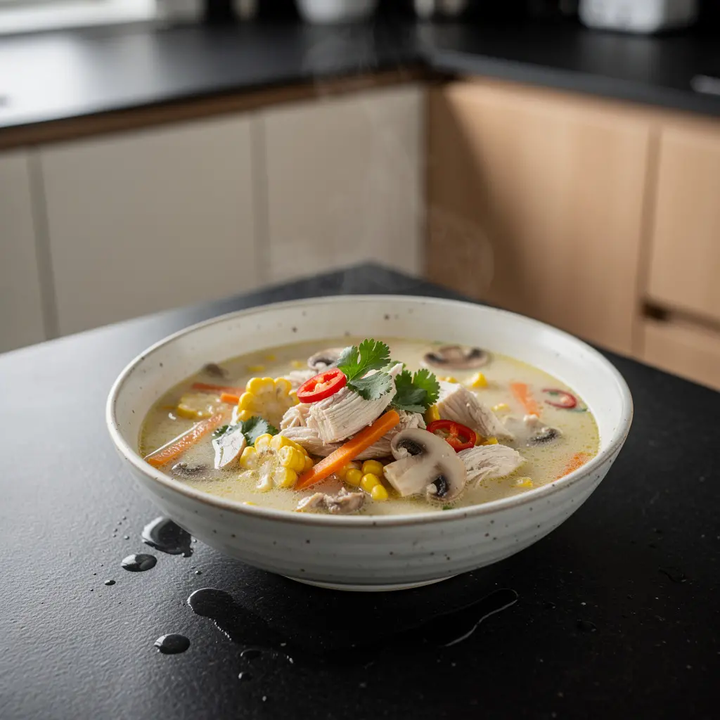 Tajska zupa z kurczakiem, kukurydzą i mlekiem kokosowym