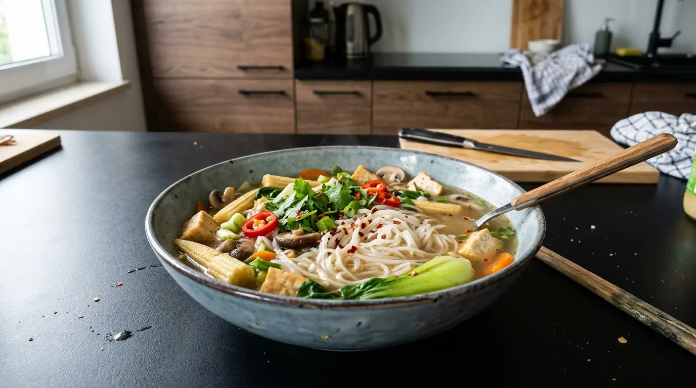 Tajska zupa z makaronem ryżowym, tofu i warzywami w lekkim bulionie
