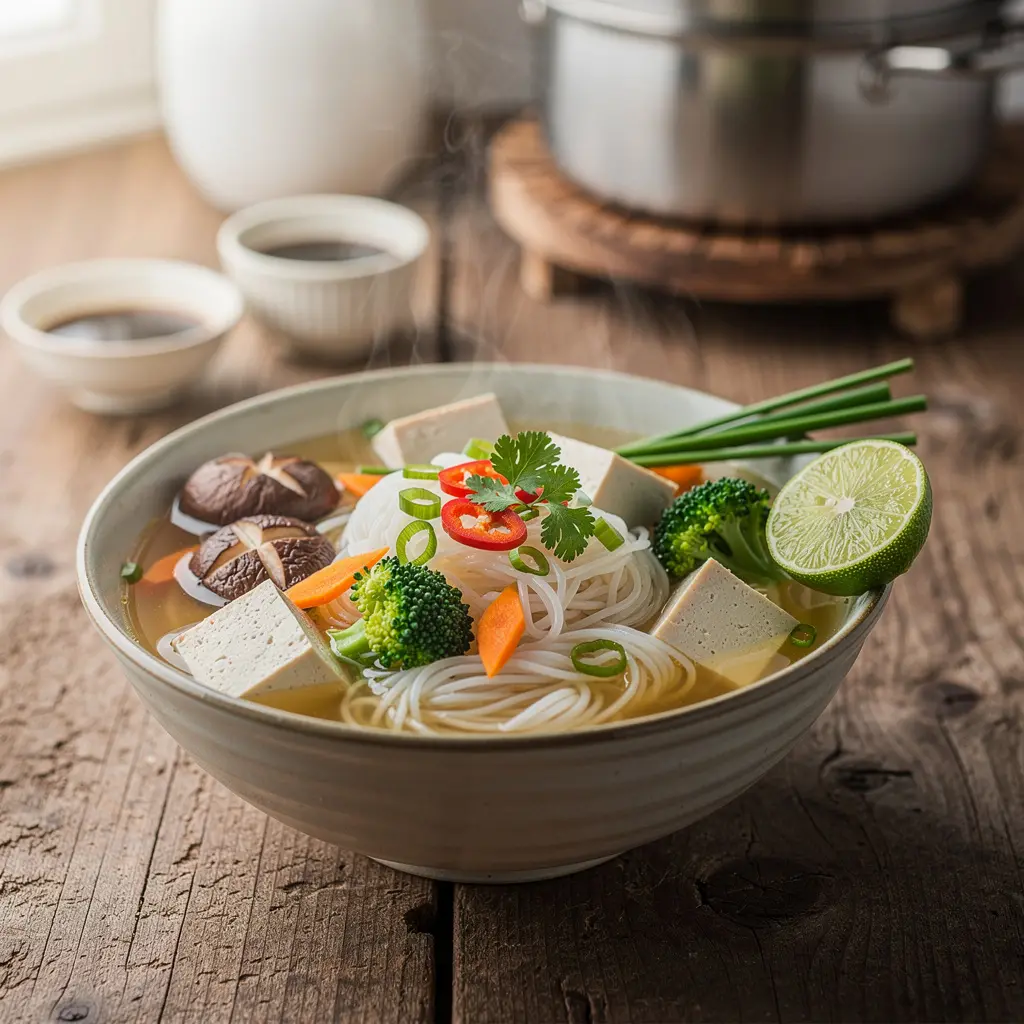 Tajska zupa z makaronem ryżowym, tofu i warzywami w lekkim bulionie