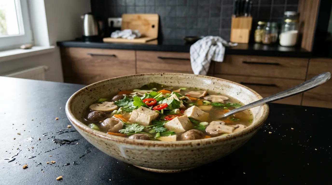Tajska zupa z tofu, grzybami i warzywami bez mleka kokosowego