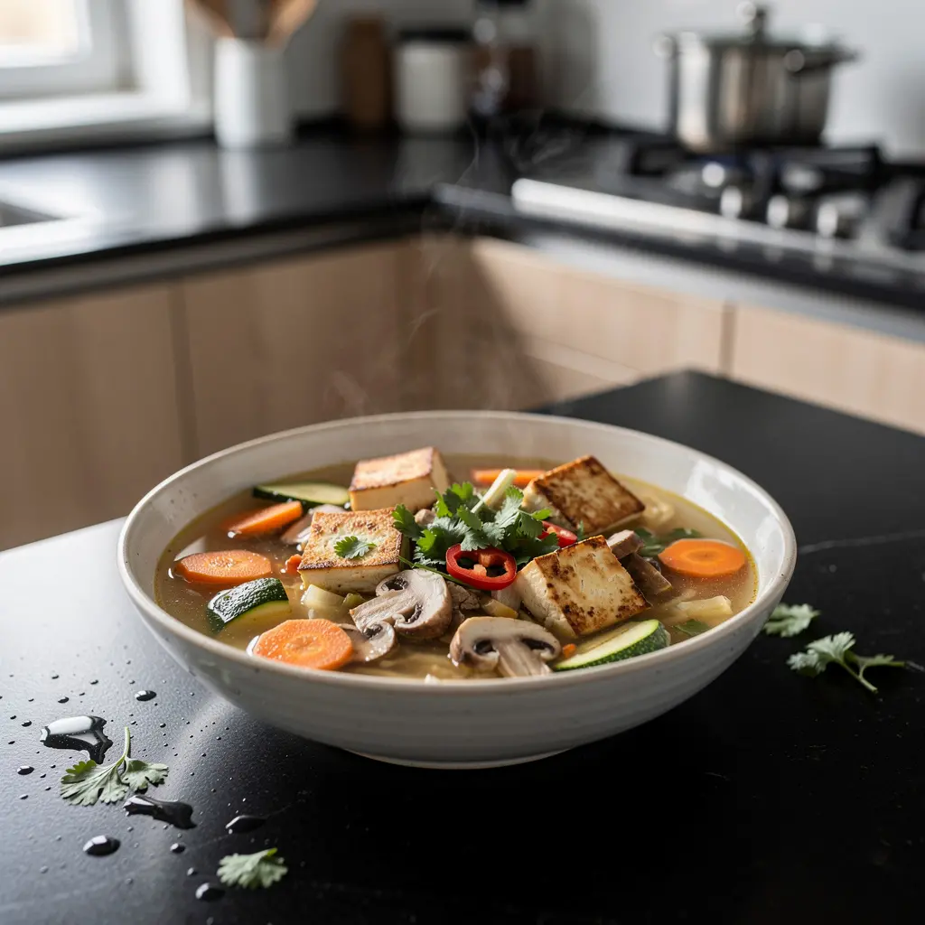 Tajska zupa z tofu, grzybami i warzywami bez mleka kokosowego