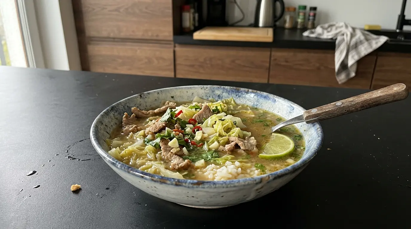 Thailändische Suppe mit Schweinehack und Chinakohl für ein schnelles Abendessen