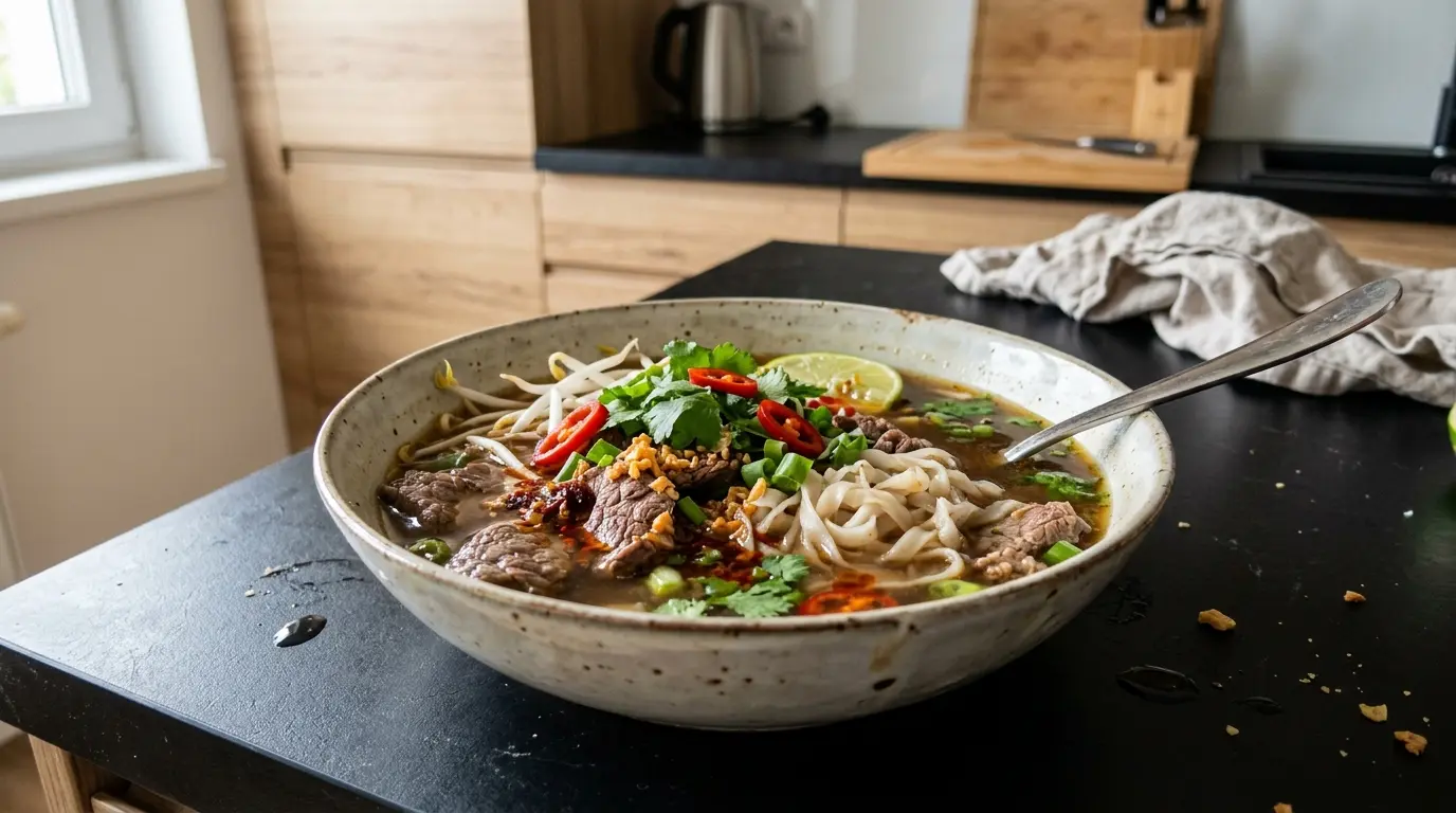 Tajska zupa z wołowiną, makaronem ryżowym i aromatycznym bulionem