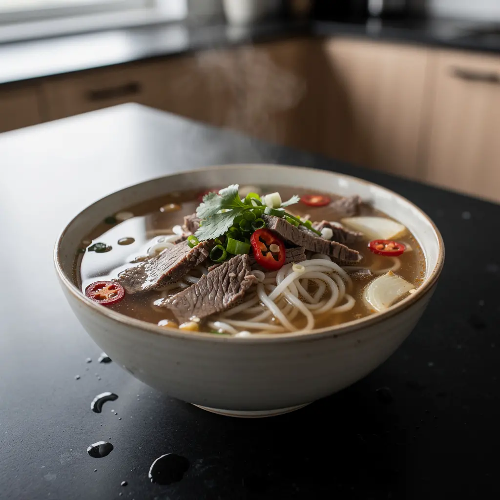 Tajska zupa z wołowiną, makaronem ryżowym i aromatycznym bulionem