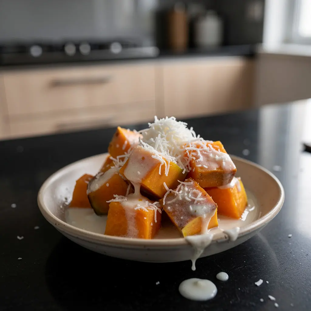 Dessert thailandese di zucca al vapore con cocco