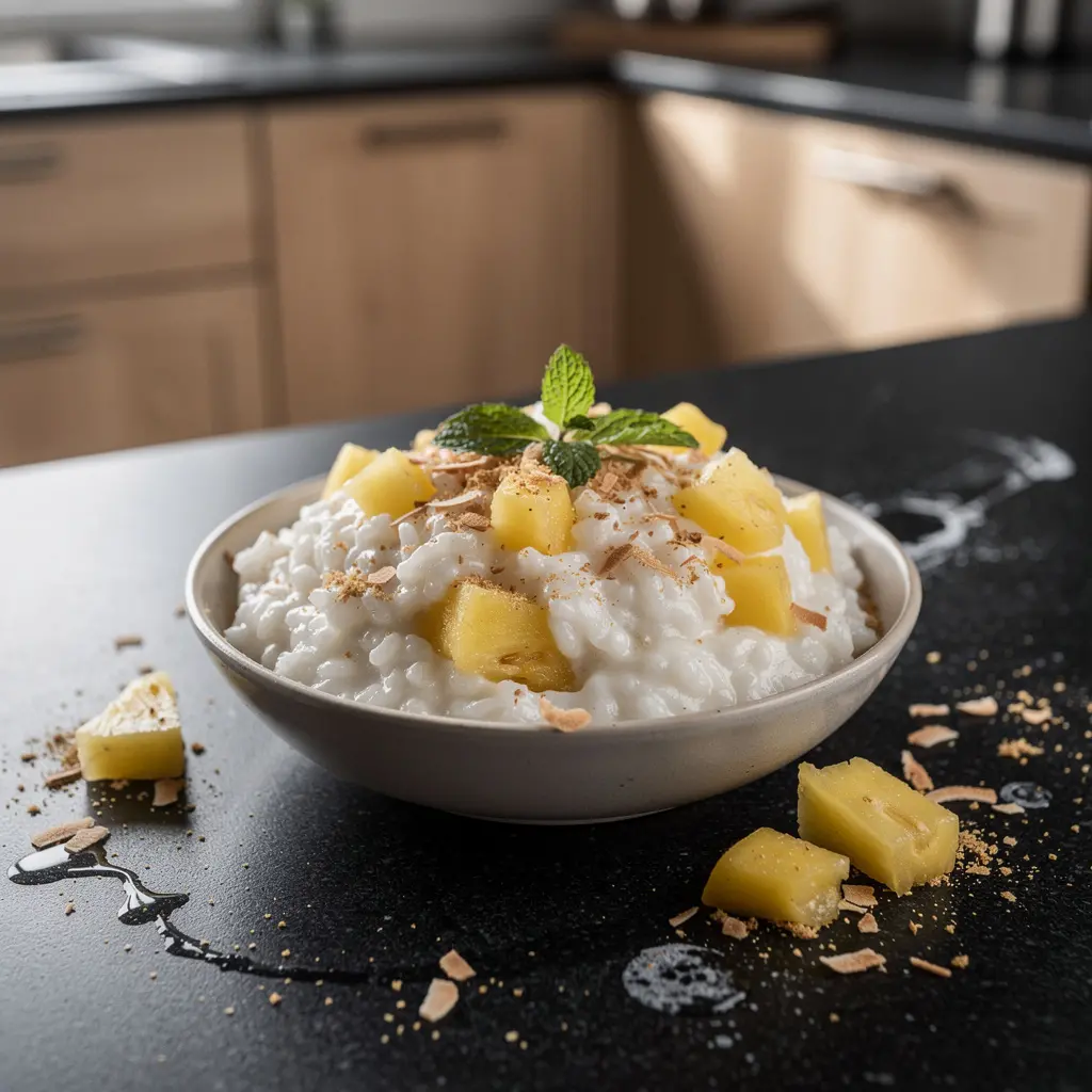 Tajski deser kokosowy z ryżu jaśminowego z ananasem