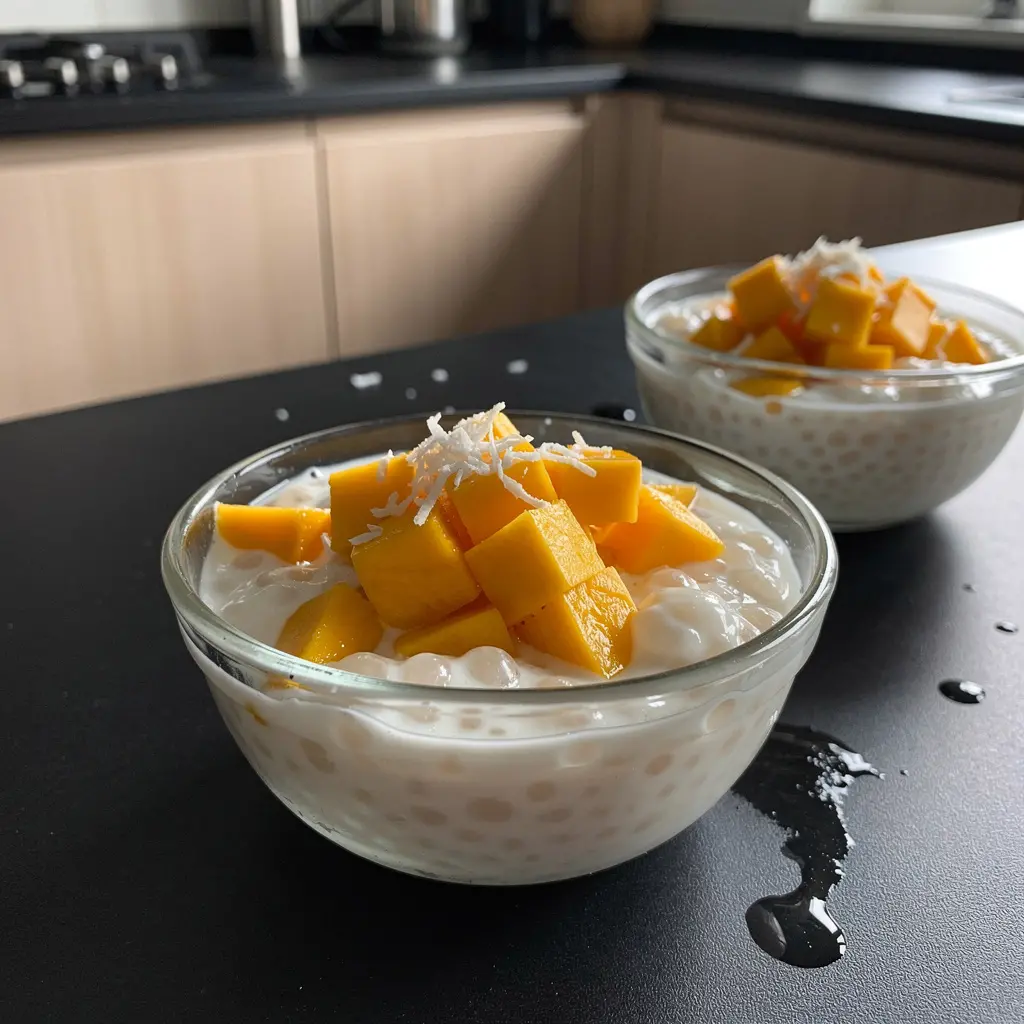 Tajski deser kokosowy z tapioką i mango