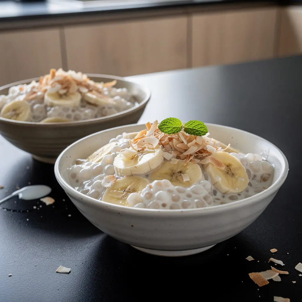 Tajski deser kokosowy z tapioki i bananem