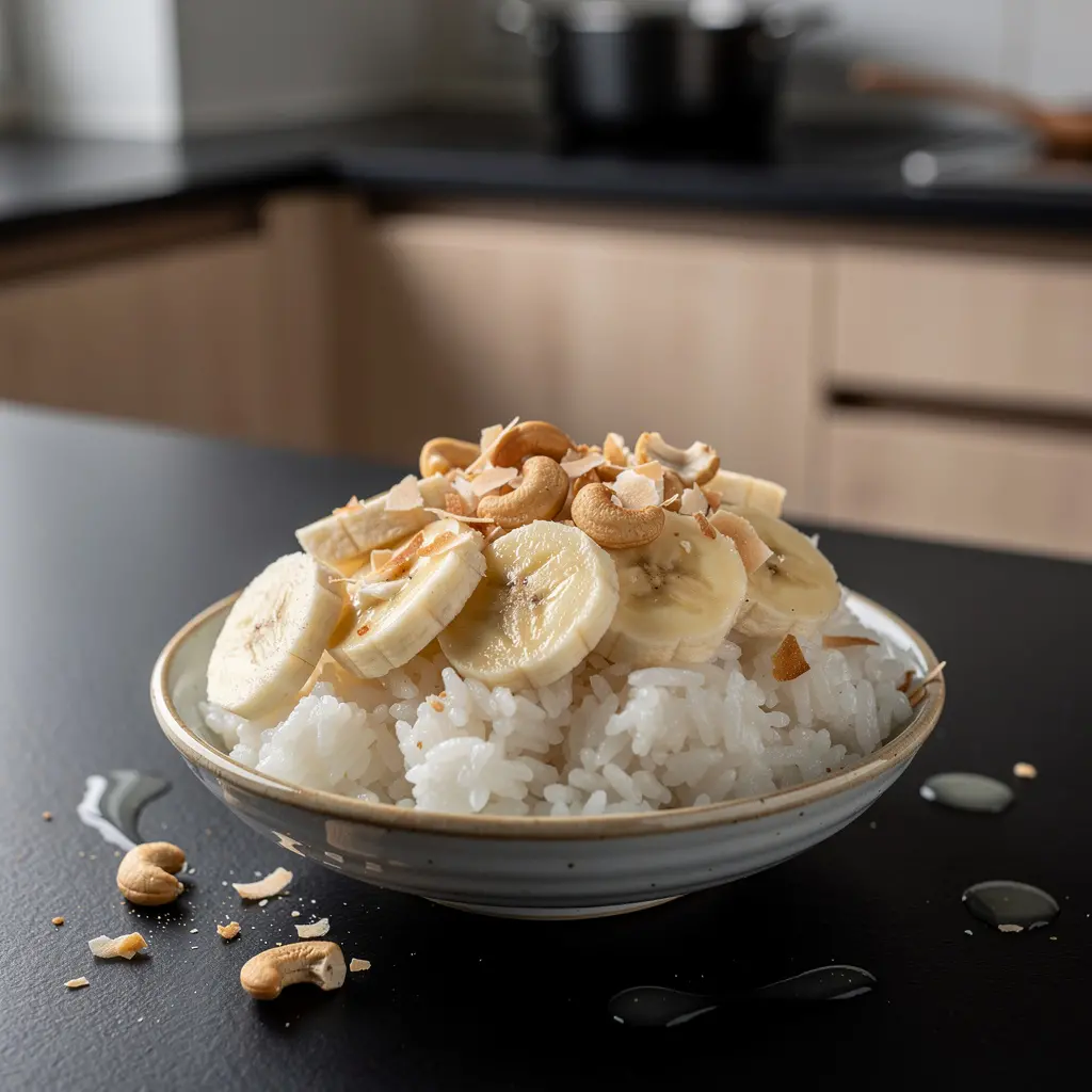 Tajski deser z kleistego ryżu kokosowego z bananem i orzechami