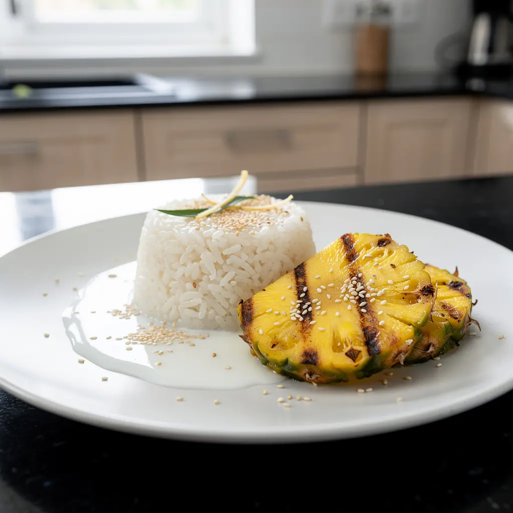 Tajski kleisty ryż kokosowy z grillowanym ananasem