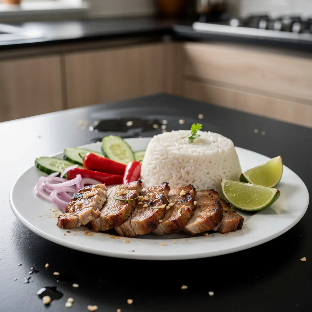 Tajski kleisty ryż na słono z grillowaną wieprzowiną