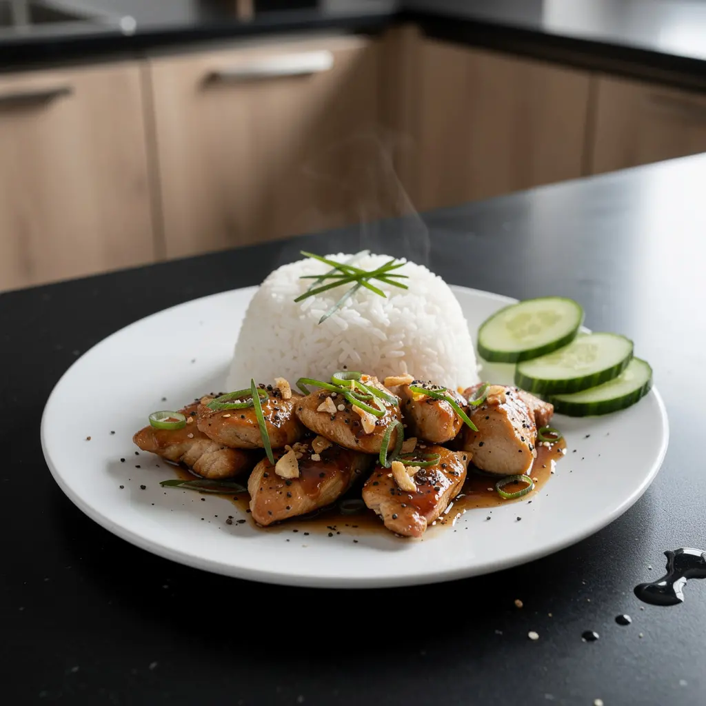 Tajski kurczak w sosie czosnkowo-pieprzowym z ryżem