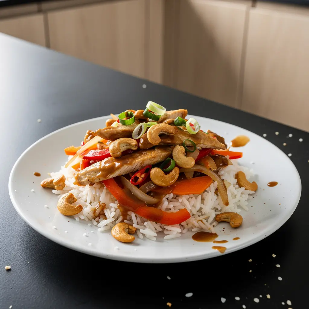 Tajski kurczak w sosie z orzechów nerkowca z warzywami