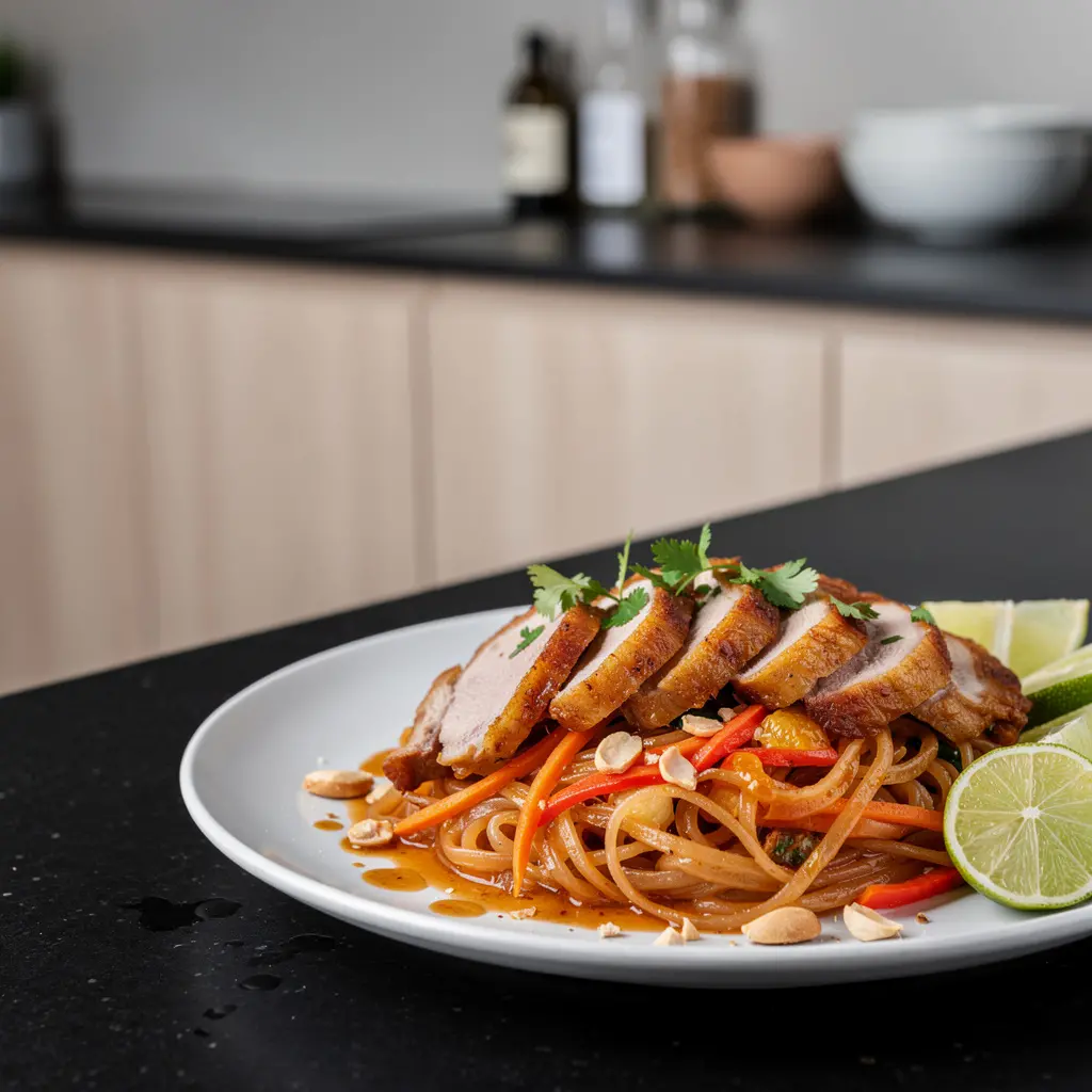 Tajski makaron ryżowy z kaczką i aromatyczną pomarańczą