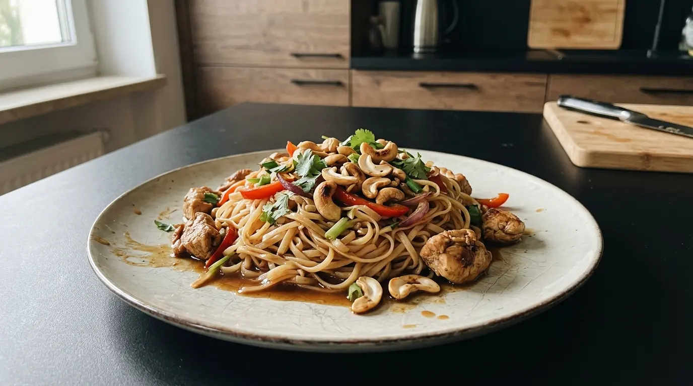 Thailändische Reisnudeln mit Hähnchen und Cashewkernen