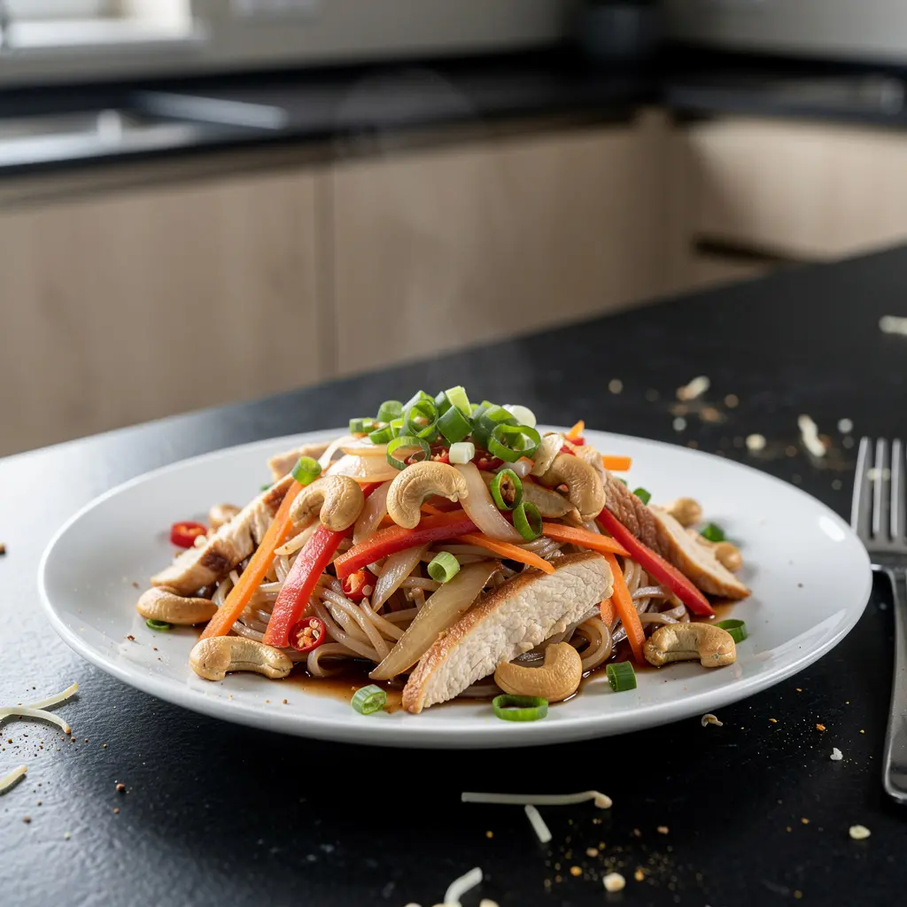 Tajski makaron ryżowy z kurczakiem i orzeszkami nerkowca