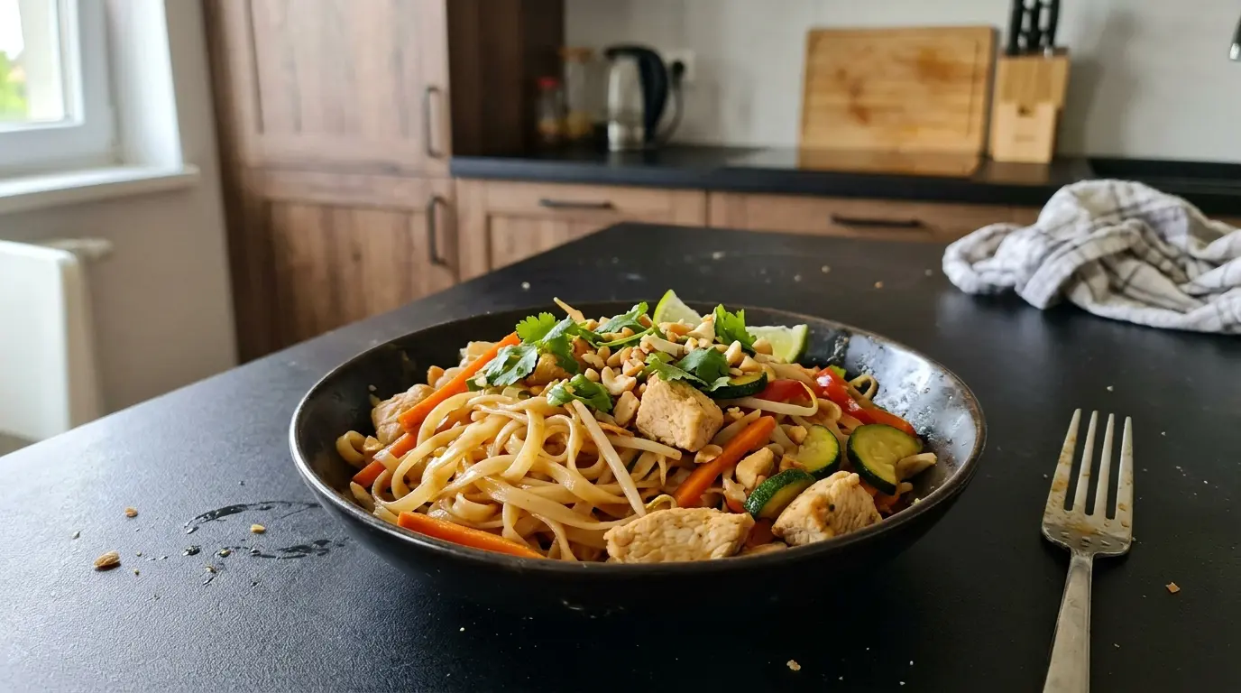 Tajski makaron ryżowy z kurczakiem i warzywami w sosie z limonki