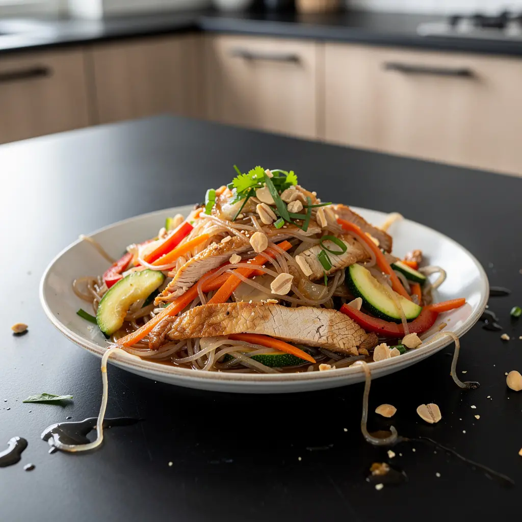 Tajski makaron ryżowy z kurczakiem i warzywami w sosie z limonki