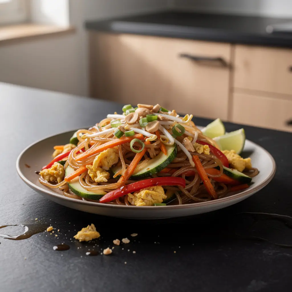 Tajski makaron ryżowy z warzywami i jajkiem w sosie czosnkowo-limonkowym