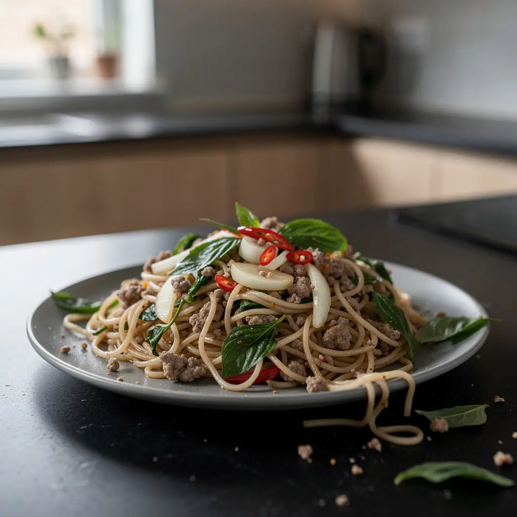 Thai Rice Noodles with Pork and Basil
