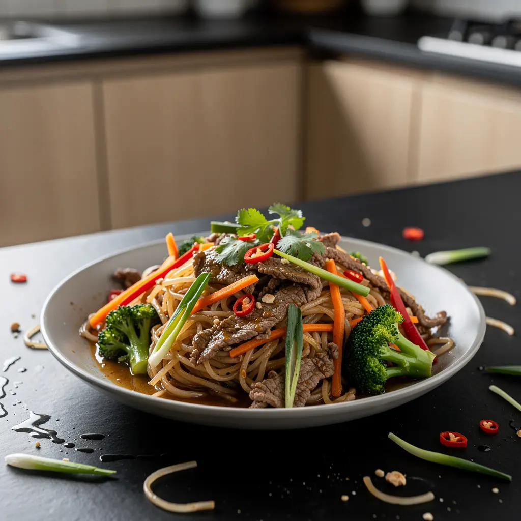 Tajski makaron ryżowy z wołowiną i warzywami z woka