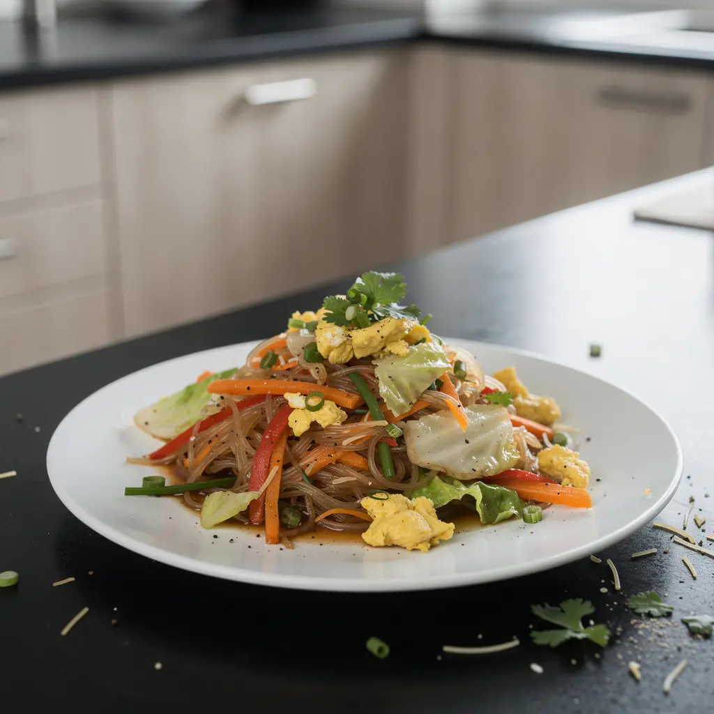 Tajski makaron szklany z warzywami i jajkiem