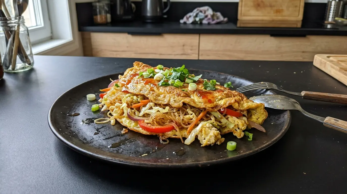 Tajski omlet z makaronem szklanym i warzywami